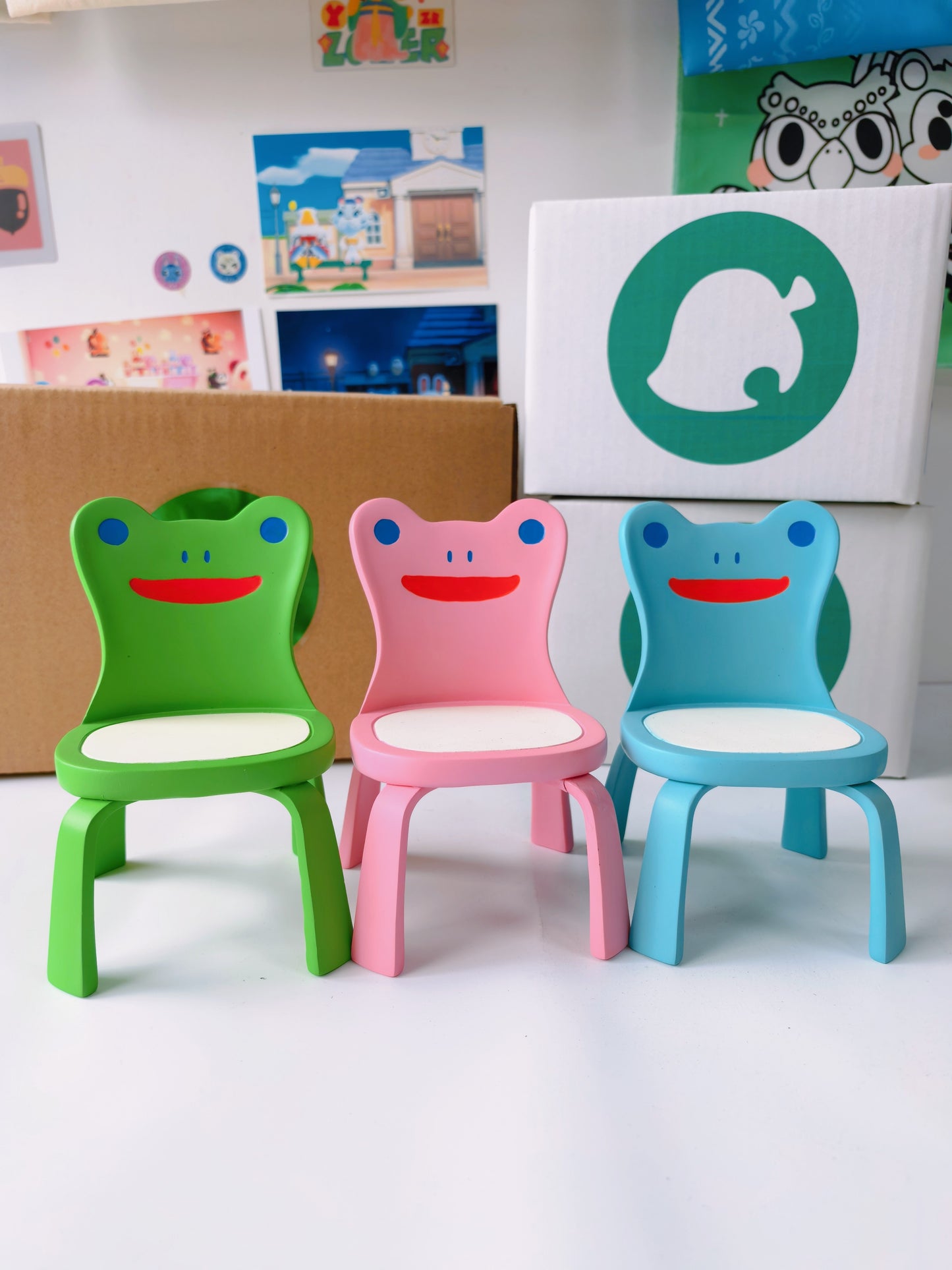 Animal Crossing Inspired Froggy Chair Desk Figurine - Green/Pink/Blue Color Variants, 5.5 Inch Collectible