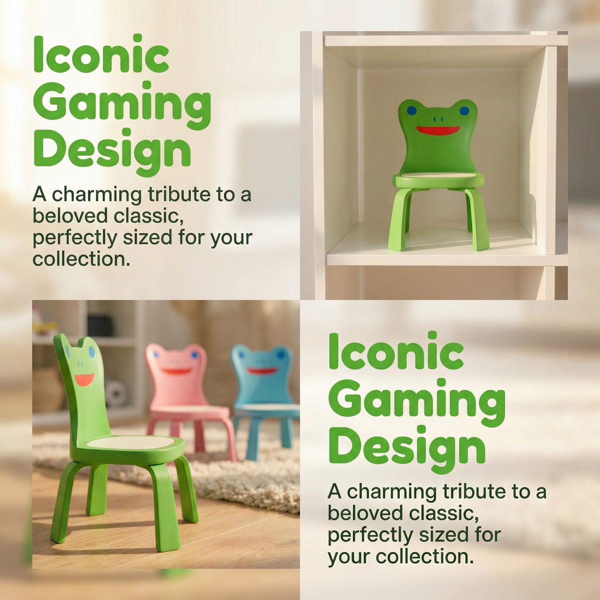 Animal Crossing Inspired Froggy Chair Desk Figurine - Green/Pink/Blue Color Variants, 5.5 Inch Collectible
